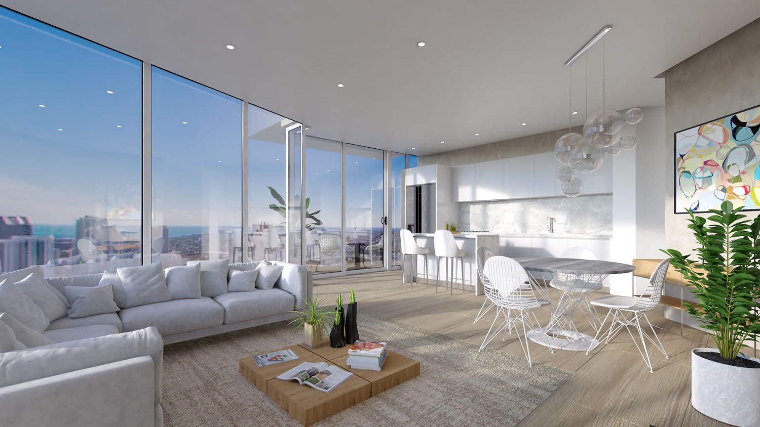 Condo-hotel kitchen and living room, developer rendering