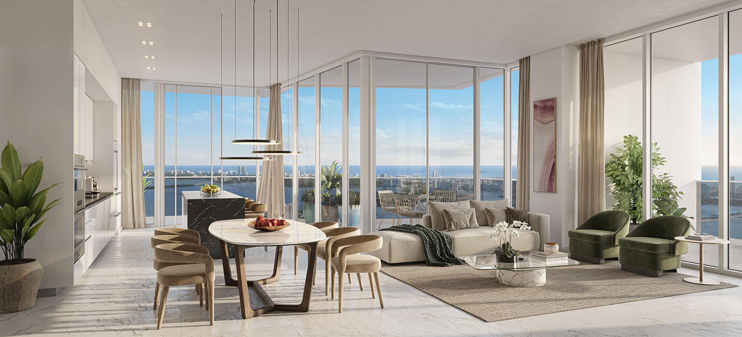 Sky Residence living room and kitchen, developer rendering